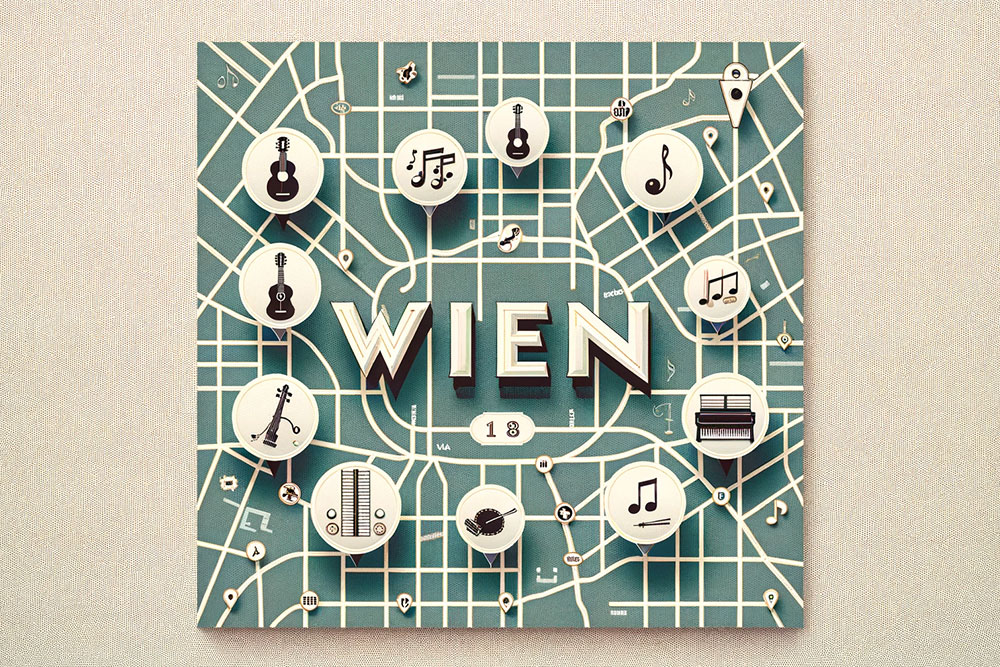 Eine Karte von Wien mit Symbolen von Instrumenten.