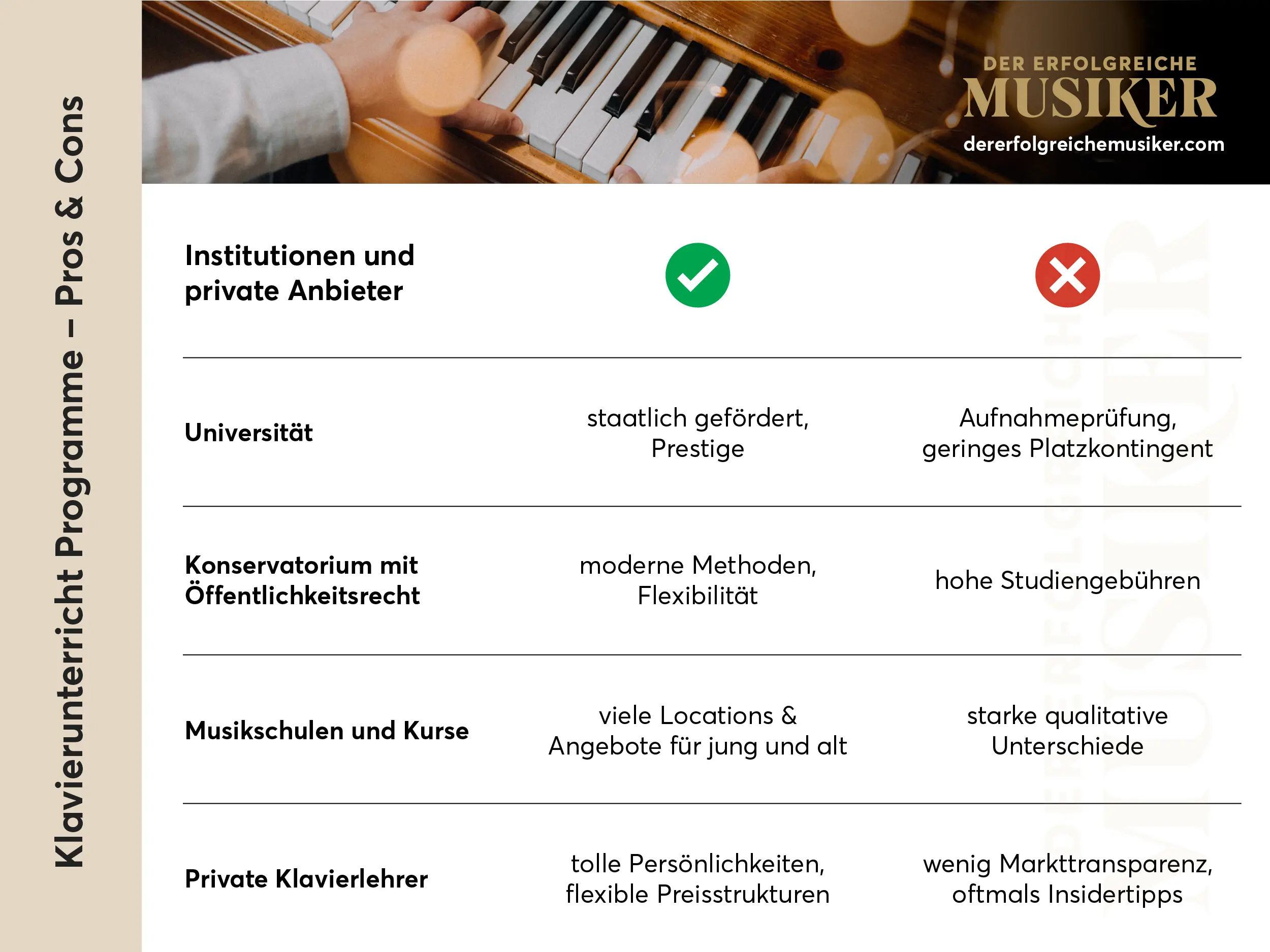 Eine Tabelle mit positiven und negativen Eigenschaften von verschiedenen Unterrichtsanbietern